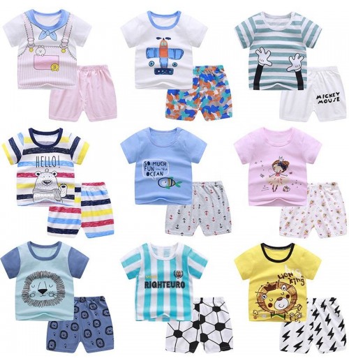 Cotton Baby Boys and Girls Summer Shirts and Shorts Sets with Custom Cartoon Prints