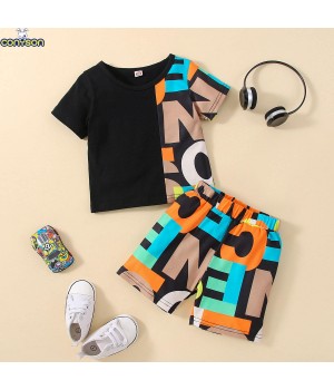 Conyson Summer Infant Baby Kids Casual Letter Printing T-shirt patchwork Shorts clothing wholesale Wear 2 Pieces boy Clothes Set