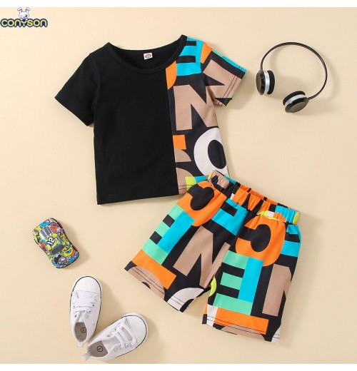 Conyson Summer Infant Baby Kids Casual Letter Printing T-shirt patchwork Shorts clothing wholesale Wear 2 Pieces boy Clothes Set