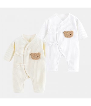 Wholesale newborn snap button lace-up cute bear design solid color striped 100% cotton long sleeve baby romper