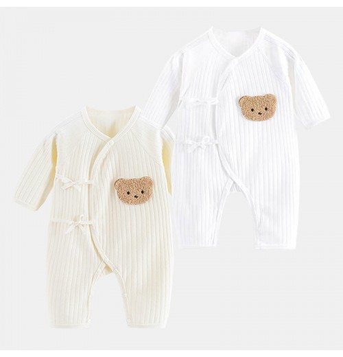 Wholesale newborn snap button lace-up cute bear design solid color striped 100% cotton long sleeve baby romper