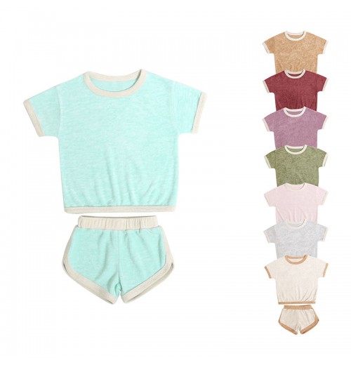 2024 New Trend Terry Cloth Customized Knit Summer Baby Suit Solid Color Breathable Baby Clothing Sets