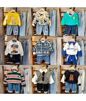 Autumn Children's Clothing Baby Set Wholesale Sweater Plaid Shirt Set Boys' Jeans Children's Cloth Set British Style