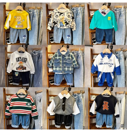 Autumn Children's Clothing Baby Set Wholesale Sweater Plaid Shirt Set Boys' Jeans Children's Cloth Set British Style