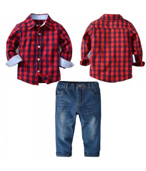 New Design Baby Set Little Kids Cloth Wholesale Plaid Shirt Long Sleeves Beautiful Jeans 2 Pieces boyset 19A306